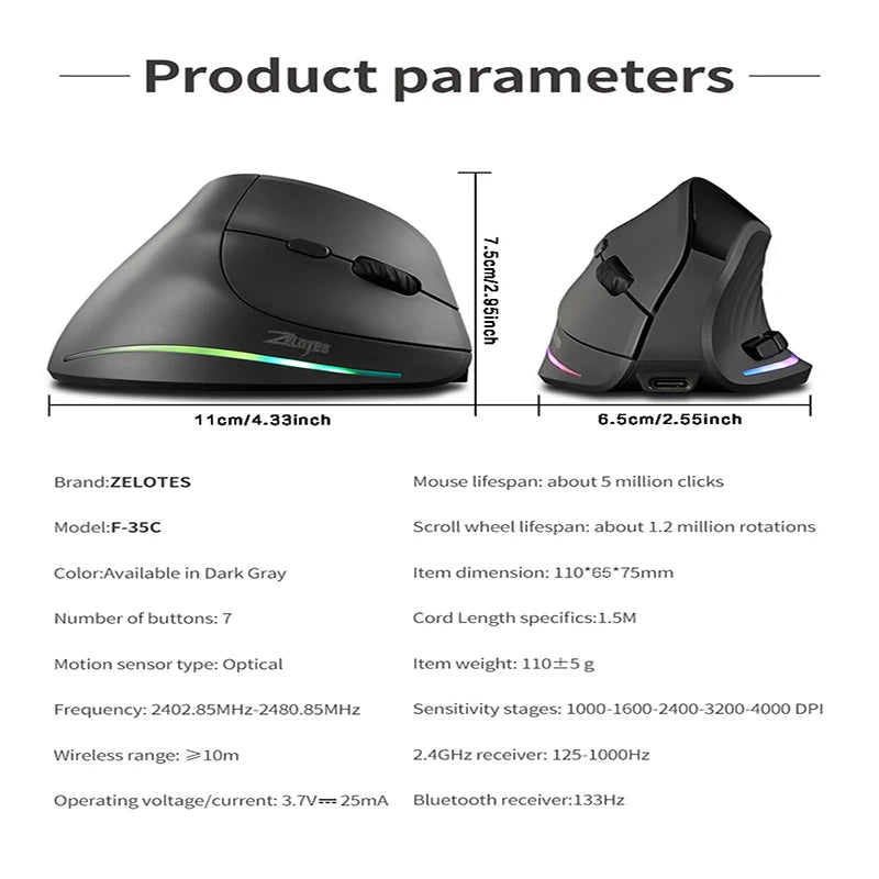 Rechargeable Wireless Vertical Mouse With Screen Display Ergonomic Mice 6 Button Programmable Gaming Mouse for Gamer Desktop
