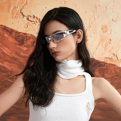 KLASSNUM Ochelari pentru femei Y2k Ochelari de soare la modă pentru bărbați, cu un design futurist și tehnologic Ochelari de soare argintii și roz pentru fete, cu protecție UV400