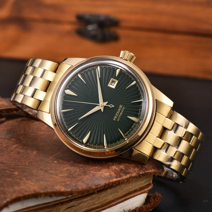 Luxury Retro Men's Self-Winding Automatic Mechanical Watch Radial Sunburst Textured Dial Single Calendar Date Window Polished Stainless Steel Link Bracelet Waterproof Business Dress Male Watch Silver Gold Two Tone Options