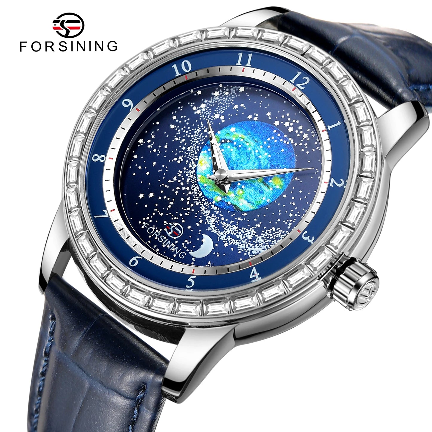 2026 FORSINING Design Earth Star Moon Set With Diamonds Genuine Belt Men Mechanical Automatic Watch Waterproof For Business