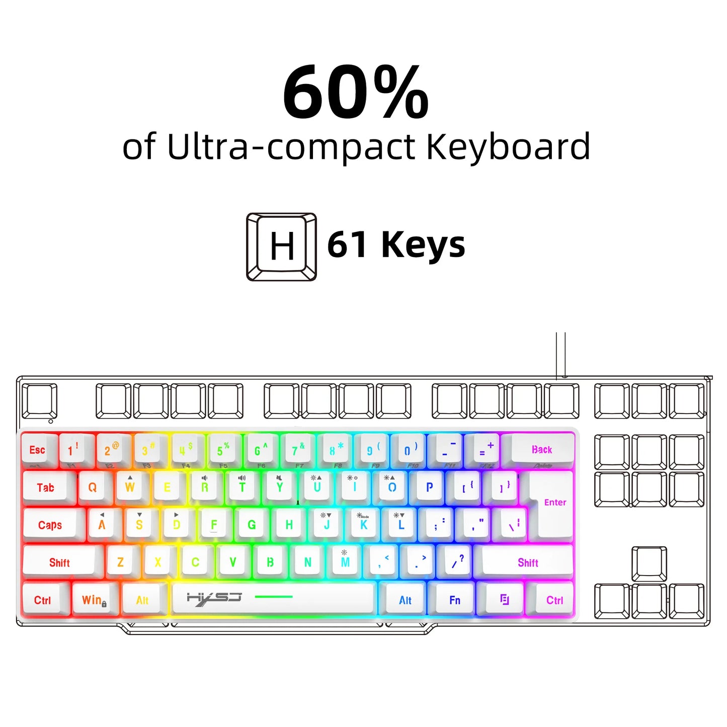 HXSJ-V700 60% RGB Backlit Gaming Keyboard, Compact 61-Key Mini Wired Office Keyboard with Ergonomic Design for office Home use