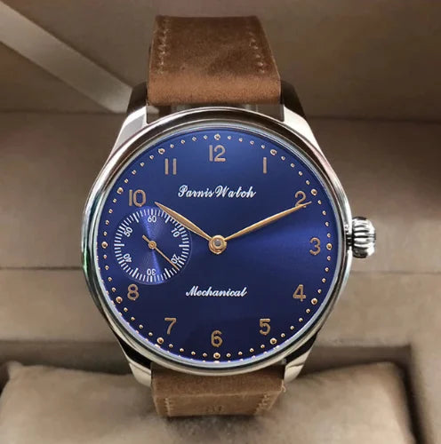 Vintage PARNIS Mechanical Hand Winding Watch Men Gold 44mm Steel Wristwatch Sport 17 Jewels 6497 Movtt Khaki Band Glass Back