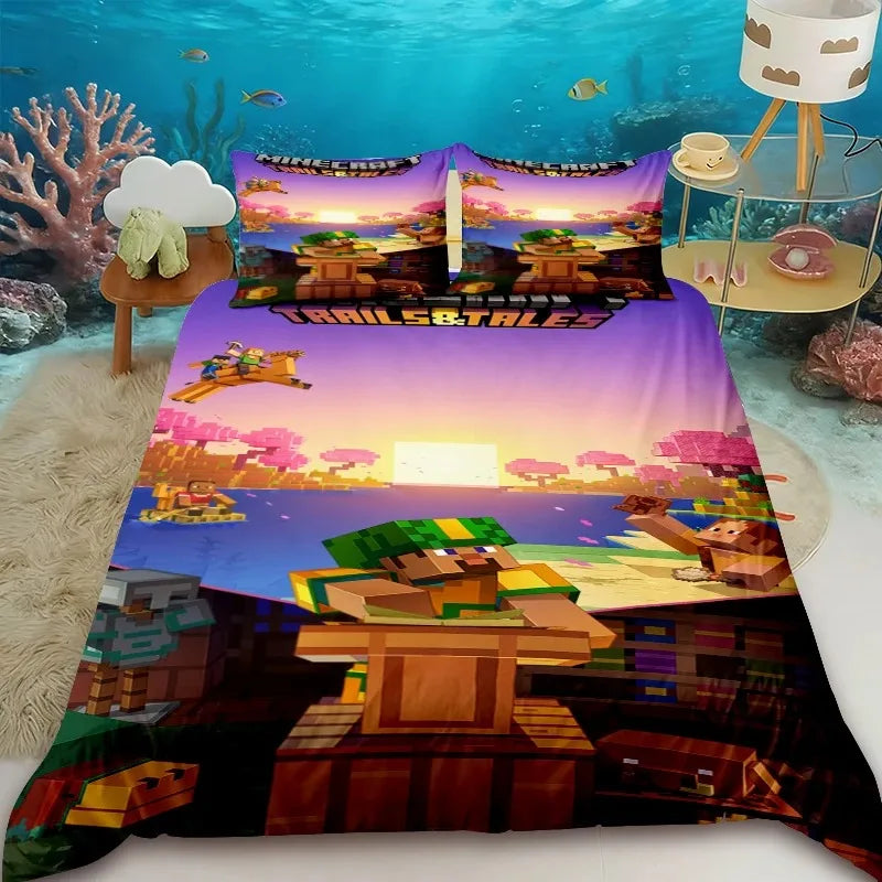 Minecraft 2/3pcs Duvet Cover Cute Cartoon Game Quilt Cover Bedding Set with 1/2 Pillowcase Gifts Bedroom Dormitory