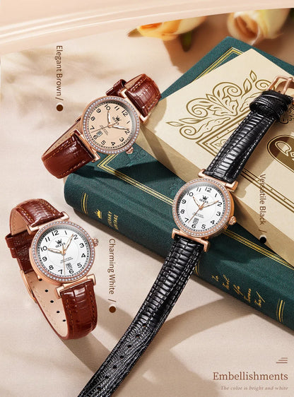 OLEVS 2025 New Fashion Womens Watches Top Brand Luxury Leather Strap Waterproof Calendar Diamond  Quartz Watch Relogio Feminino