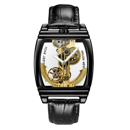 SHENHUA Mens Watches Top Brand Luxury Automatic Mechanical Transparent Skeleton Bridge Watch Leather Belt Wristwatch Male Clock