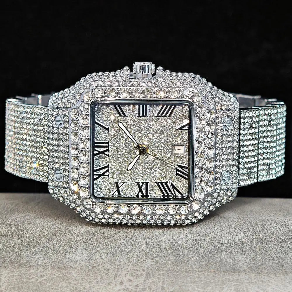 Hot UNIGUET Men's Square Watch Luxury Hip Hop Diamond Jewelry Waterproof Stainless Steel Quartz Wristwatch Fashion Man Accessory