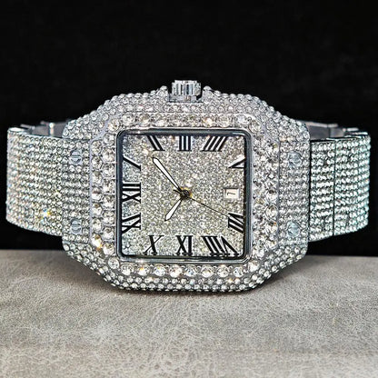 Hot UNIGUET Men's Square Watch Luxury Hip Hop Diamond Jewelry Waterproof Stainless Steel Quartz Wristwatch Fashion Man Accessory