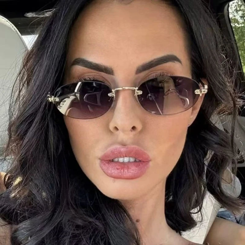 Ochelari de soare ovali fără ramă, de înaltă calitate, casual și luxoși, pentru femei, fără ramă, la modă și personalizați