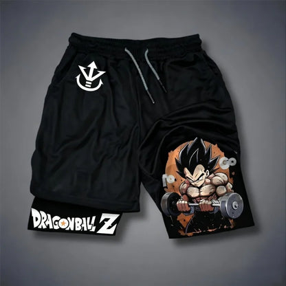 2026 Summer Dragon Ball Double Layer Sports Shorts for Men, Vegeta Gym Print, Quick Dry Fitness Workout Shorts, Oversized Y2k