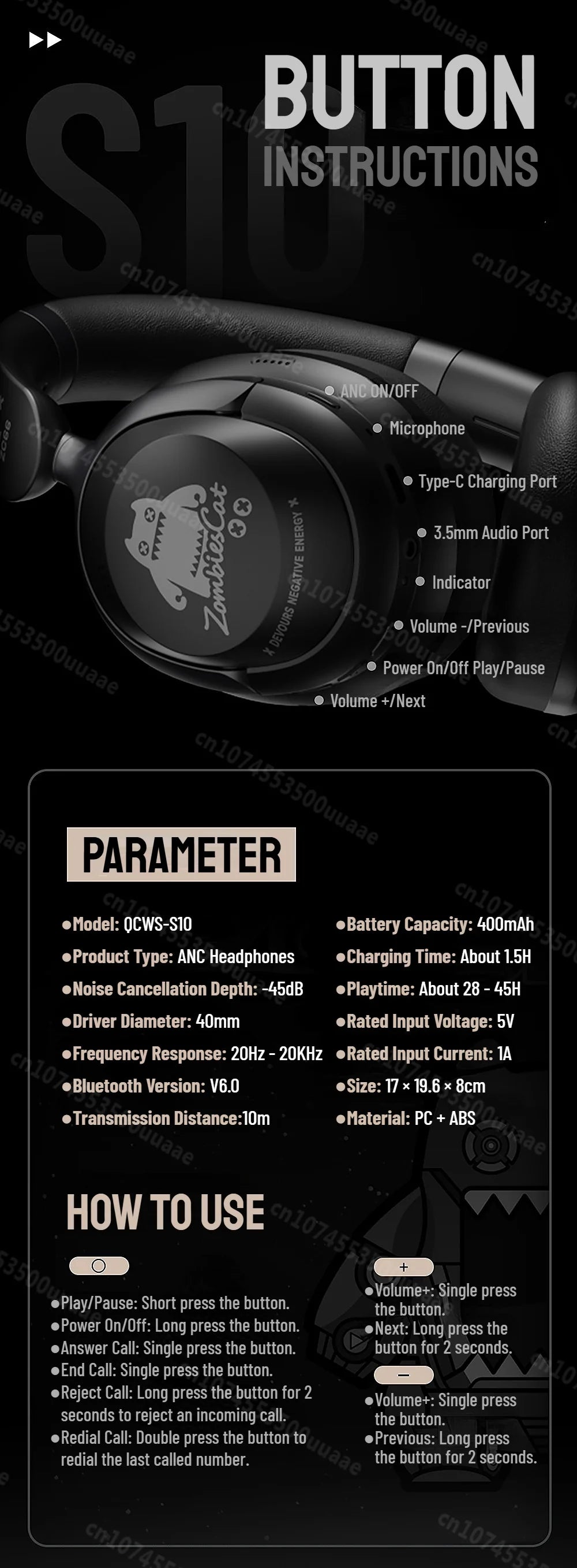 Zombies Cat S10 ANC Bluetooth 6.0 Headphones -45dB Active Noise Canceling Earphone HiFi Stereo Over-Ear Wire/Wireless Headset
