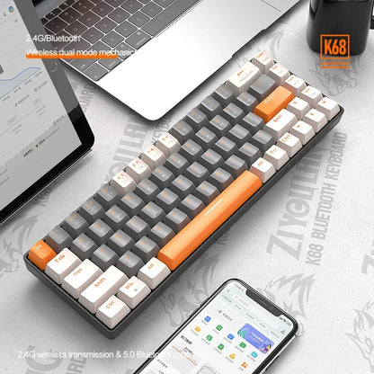 Bezdrôtová herná mechanická klávesnica K68 2,4 G/BT 5.0, 68 klávesov, Hotswap, mini herná mechanická klávesnica, klávesy z PBT, klávesnice s rozložením 65 %