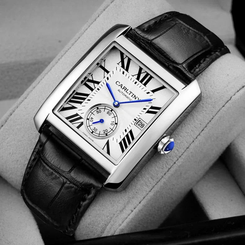 Relógio automático de luxo para homem – Relógio de pulso mecânico, modelo elegante de uma grande marca, caixa quadrada em aço inoxidável, estanque – CARLTINY