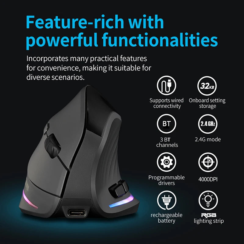 Rechargeable Wireless Vertical Mouse With Screen Display Ergonomic Mice 6 Button Programmable Gaming Mouse for Gamer Desktop