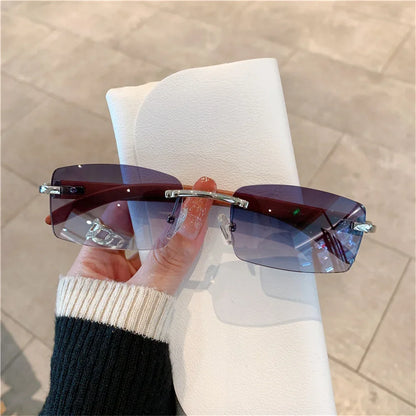 Rectangle Fashion Rimless Sunglasses for Women Men Gangster 90s Frameless Shades Retro Vintage Trendy Wooden Frame Eyewear