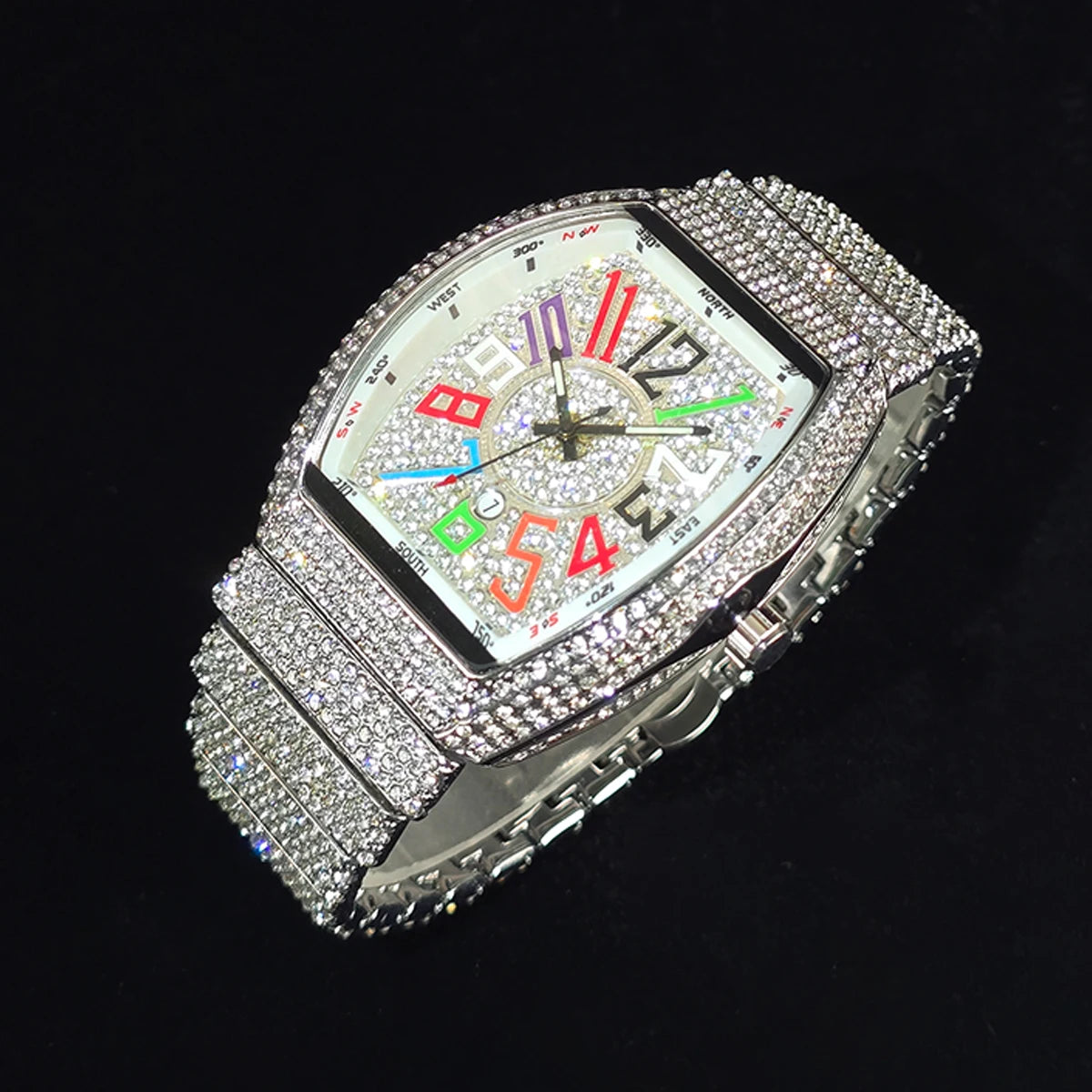 Men's Luxury Barrel-Shaped Quartz Watch With Black Iced Diamond Rainbow Number Dial Luminous Hands Watches For Man Dropshipping