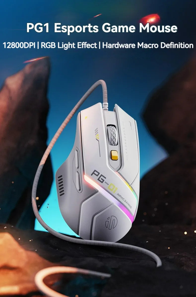 Inphic Pg1 Wired Gaming Mouse, RGB Light Emitting, Macro Programming, 12800 DPI, 6 Keys, Computer Mouse, 1000Hz Polling Rate