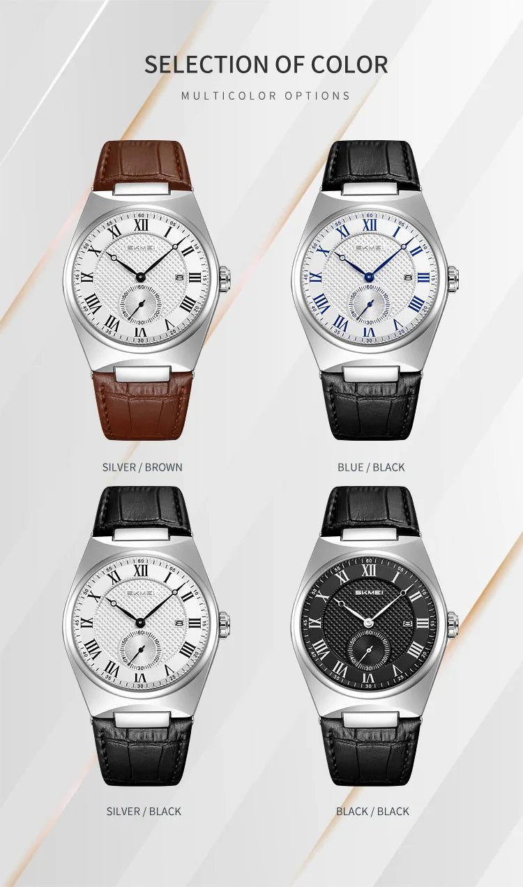 SKMEI 9390 Elegant Men's Quartz Watch Roman Scale Calendar Waterproof Leather Strap Casual Business Watches for Man Reloj Hombre