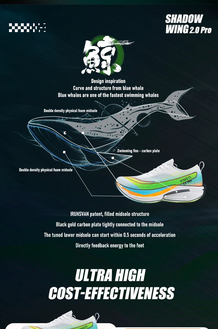 2025 IRUNSVAN SHADOW WING 2.0 PRO Sapatilhas de Corrida Desportivas de Maratona com Amortecimento Air Cushion, Placa de Carbono, Trail Running, Leves