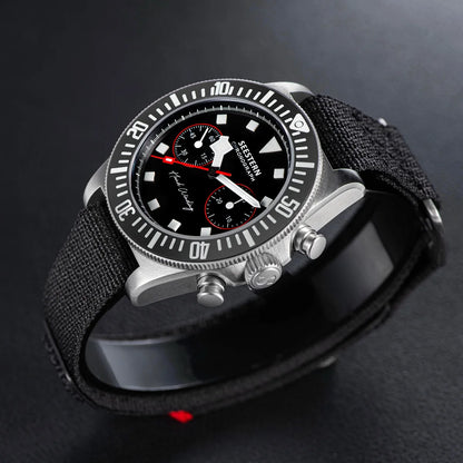 SEESTERN Chronograph Herren-Mechanikuhr Tianjin ST1901 Uhrwerk Saphirglas-Armbanduhr mit Nylon-Klettarmband, Leuchtzeigern und Skelettdesign