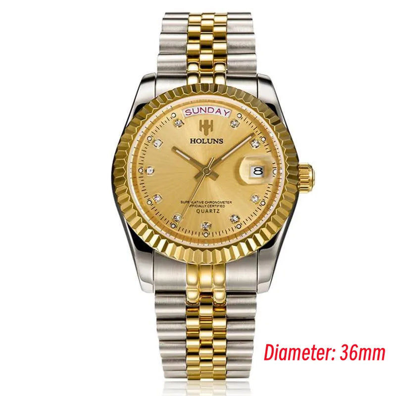 Holuns Luxury Classic 36/41mm Gold Men Watches Japan MIYOTA Quartz Movt Stainless Steel Classic Business Wristwatch Waterproof