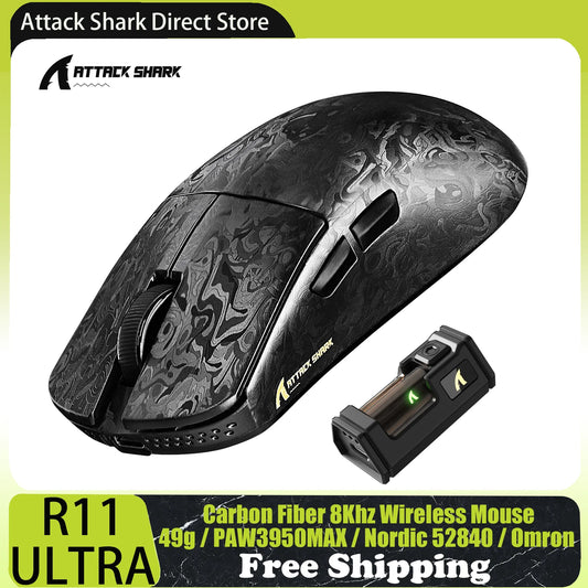 ATTACK SHARK R11 ULTRA bezdrôtová herná myš z uhlíkových vlákien, 8000Hz, PAW3950MAX, 42000DPI, ľahká 49g, 20000FPS, Nordic 52840