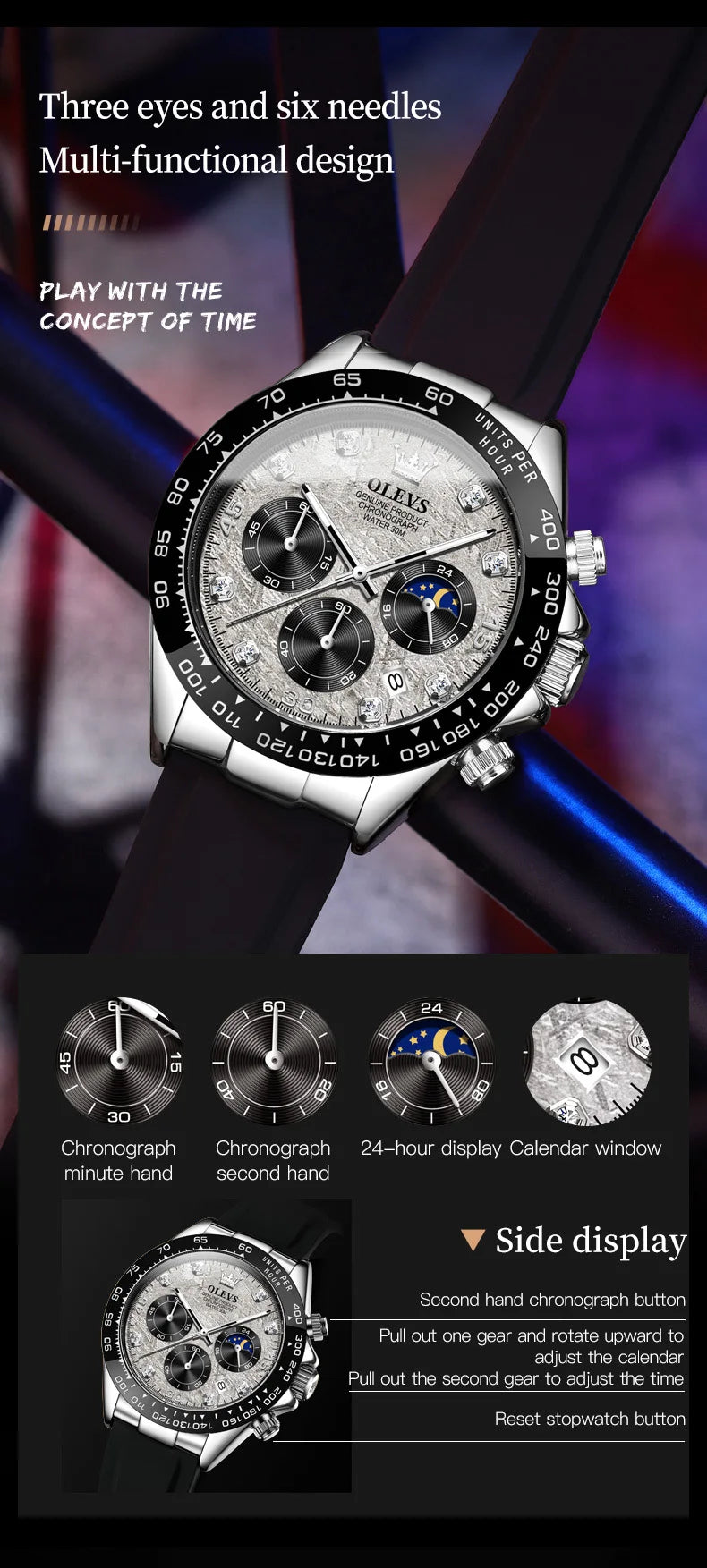 OLEVS 2875 Quartz Watch for Men Original Luxury Brand Silicone Strap Chronograph Auto Date Waterproof Moon Phase Sport Man Watch