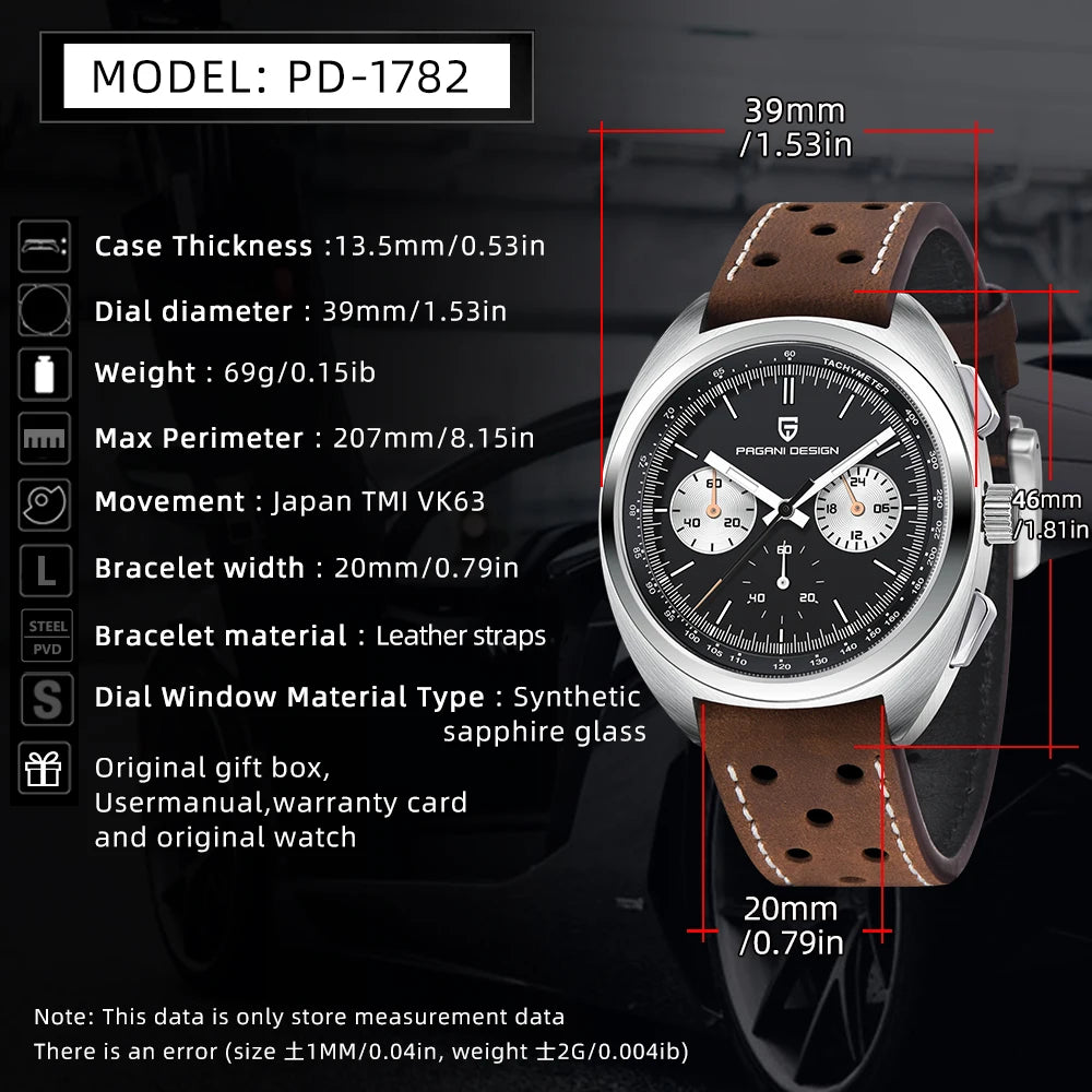PAGANI DESIGN 2026 NEW Turtle Back Chronograph 1782 Watch for Man Fashion Men's Quartz Watch Luminous relogios masculino