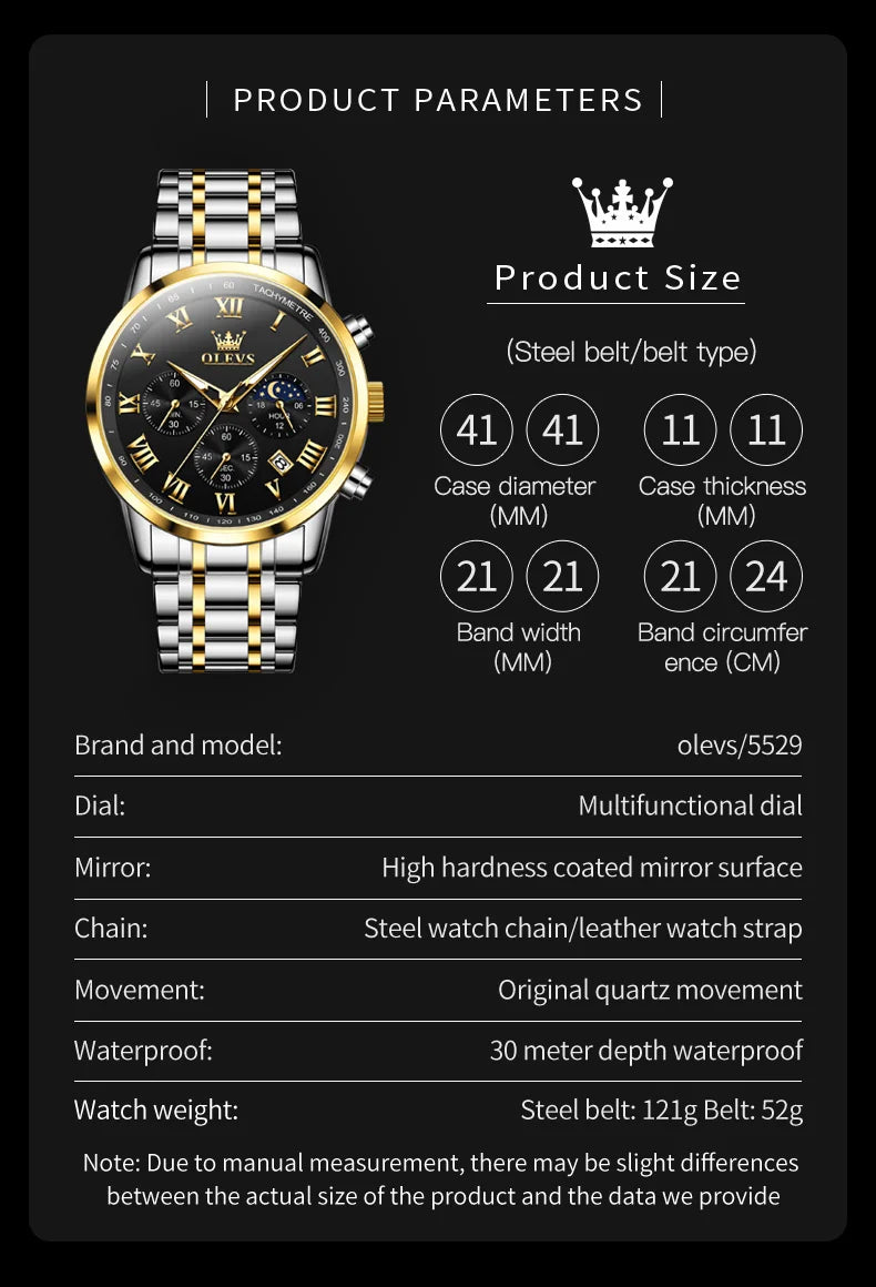 OLEVS 5529 Top-Luxusmarke Herrenuhr wasserdicht leuchtend Edelstahl Mondphase Timing Code Uhr neue Quarz-Herrenuhr
