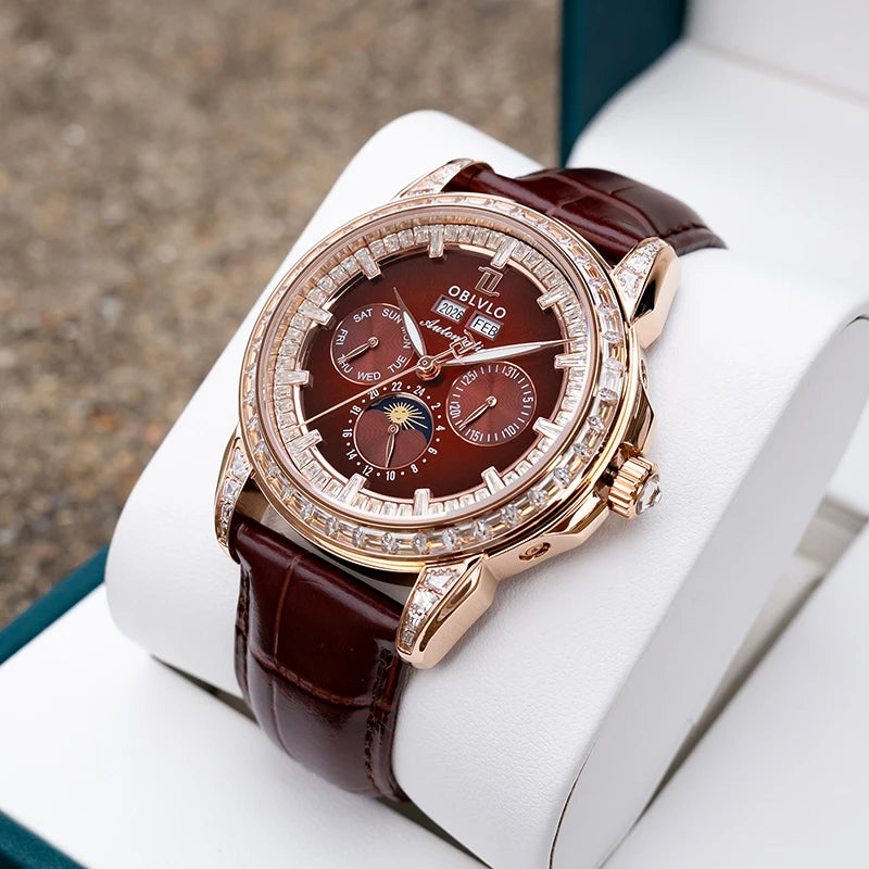 OBLVLO Men's Automatic Watch 40mm Mechanical Wristwatch 5ATM Luminous Crystal Bezel Year, Month, Week, Date, 24 Hours TY1655 Movement
