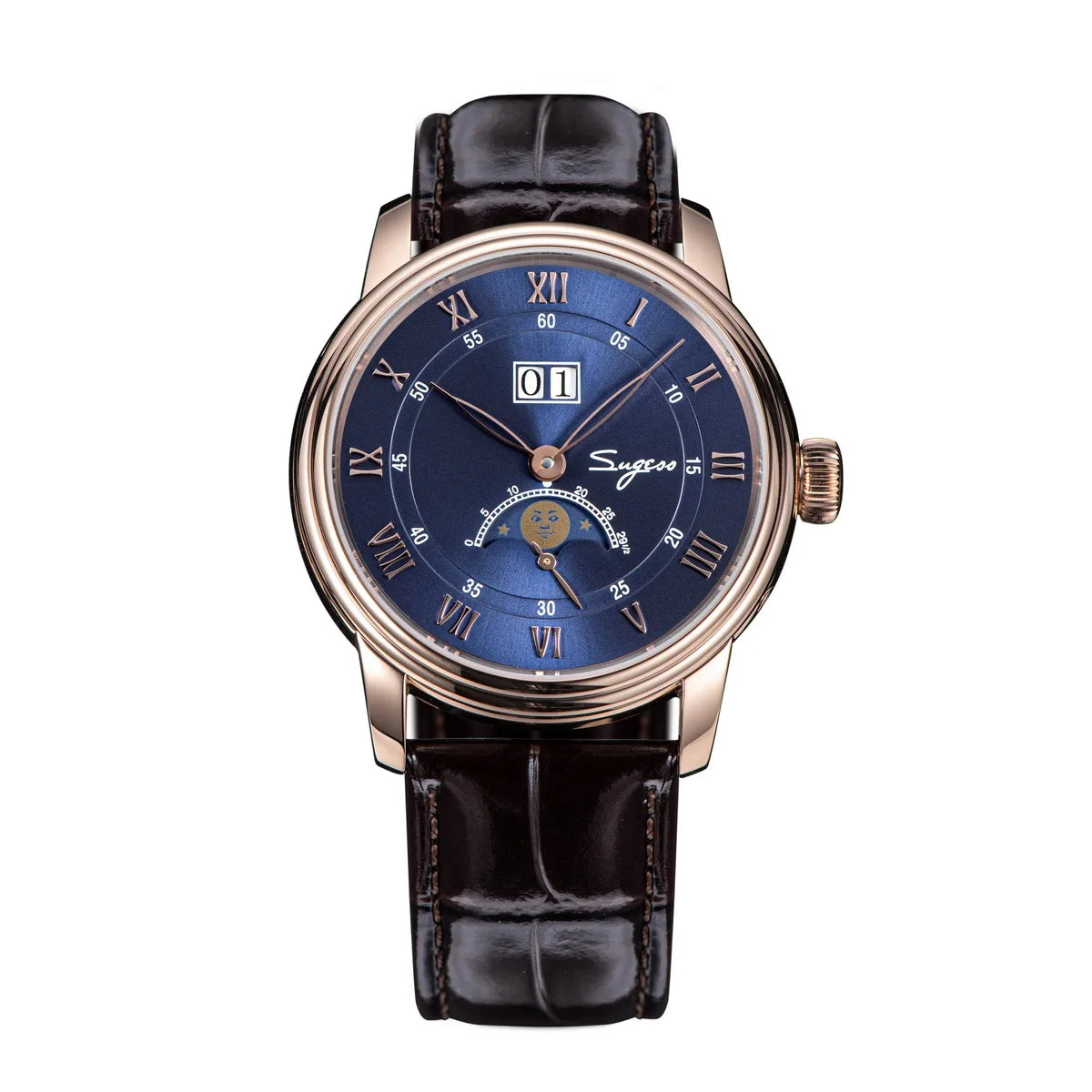 Sugess Moonphase Watch of Men 40mm Automatic Mechanical Wristwatches Seagul ST2528 Movement Stainless Steel Blue Sandstone Dial