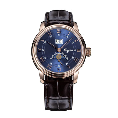 Sugess Moonphase Watch of Men 40mm Automatic Mechanical Wristwatches Seagul ST2528 Movement Stainless Steel Blue Sandstone Dial