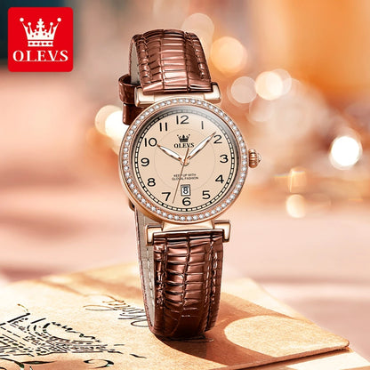 OLEVS 2025 New Fashion Womens Watches Top Brand Luxury Leather Strap Waterproof Calendar Diamond  Quartz Watch Relogio Feminino