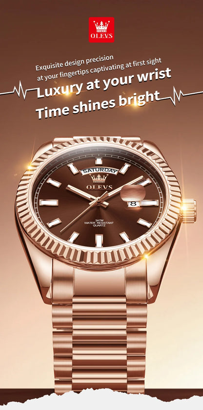 OLEVS Men's Watch Top Brand Luxury Wrist Watch For Men Fashion Rose Gold Stainless Steel Waterproof Watch Day Date Quartz Clock