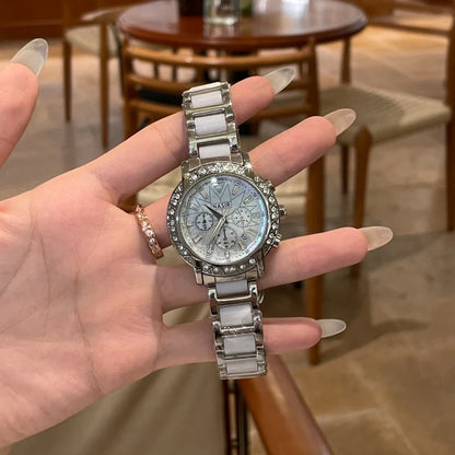 CILOA Women's Chronograph Watch Diamond Bezel White Ceramic & Stainless Steel Band Luxury Fashion Quartz Wristwatch