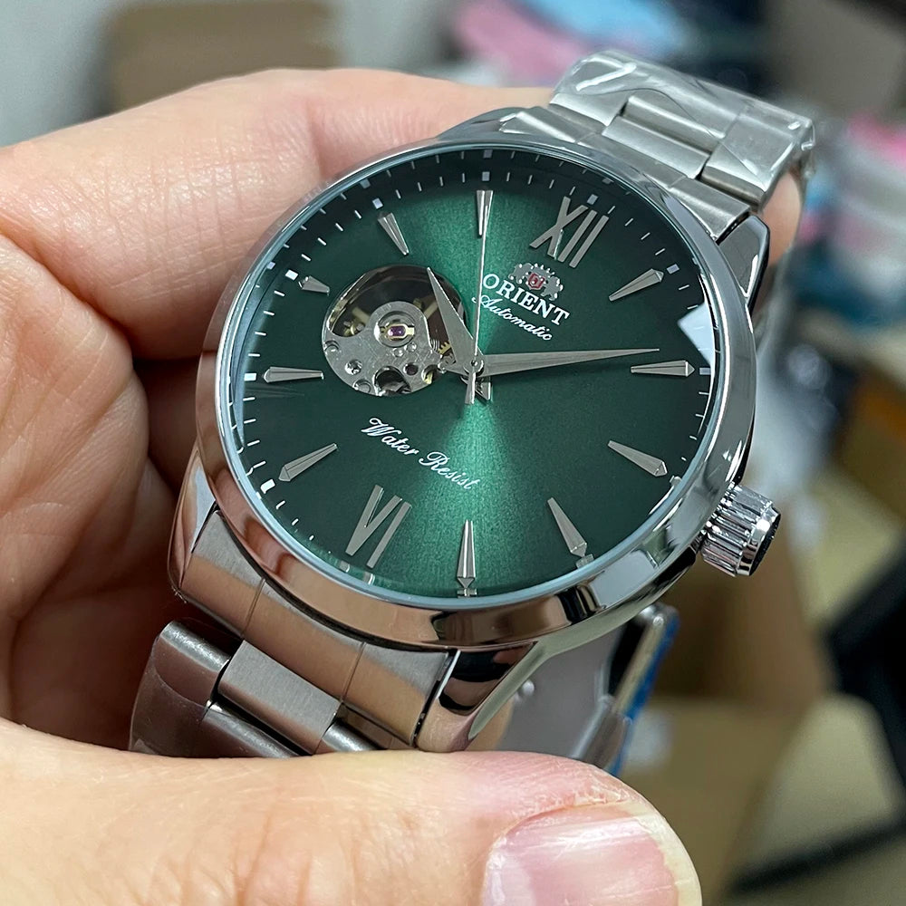 Orient Men's Automatic Open Heart Watch Blue Dial Stainless Steel Band Casual Dress Wristwatch 30M Water Resistant Fashion Watch