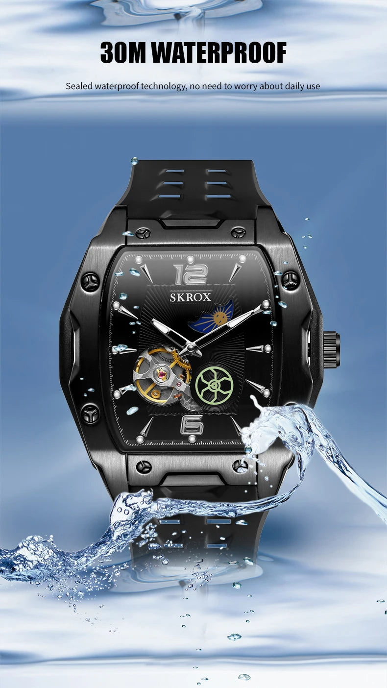 SKROX Designer Luxury Moon Phase Toubillon Automatic Movement Mechanical Clock High Quality Waterproof Silicone Men's Watches