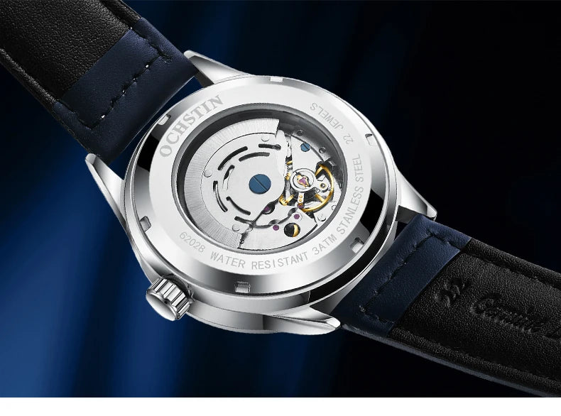 OCHSTIN Mens Fashion Luxury Mechanical Automatic Skeleton Watch Transparent Back Cover Creative Design With Yellow Calendar Dial