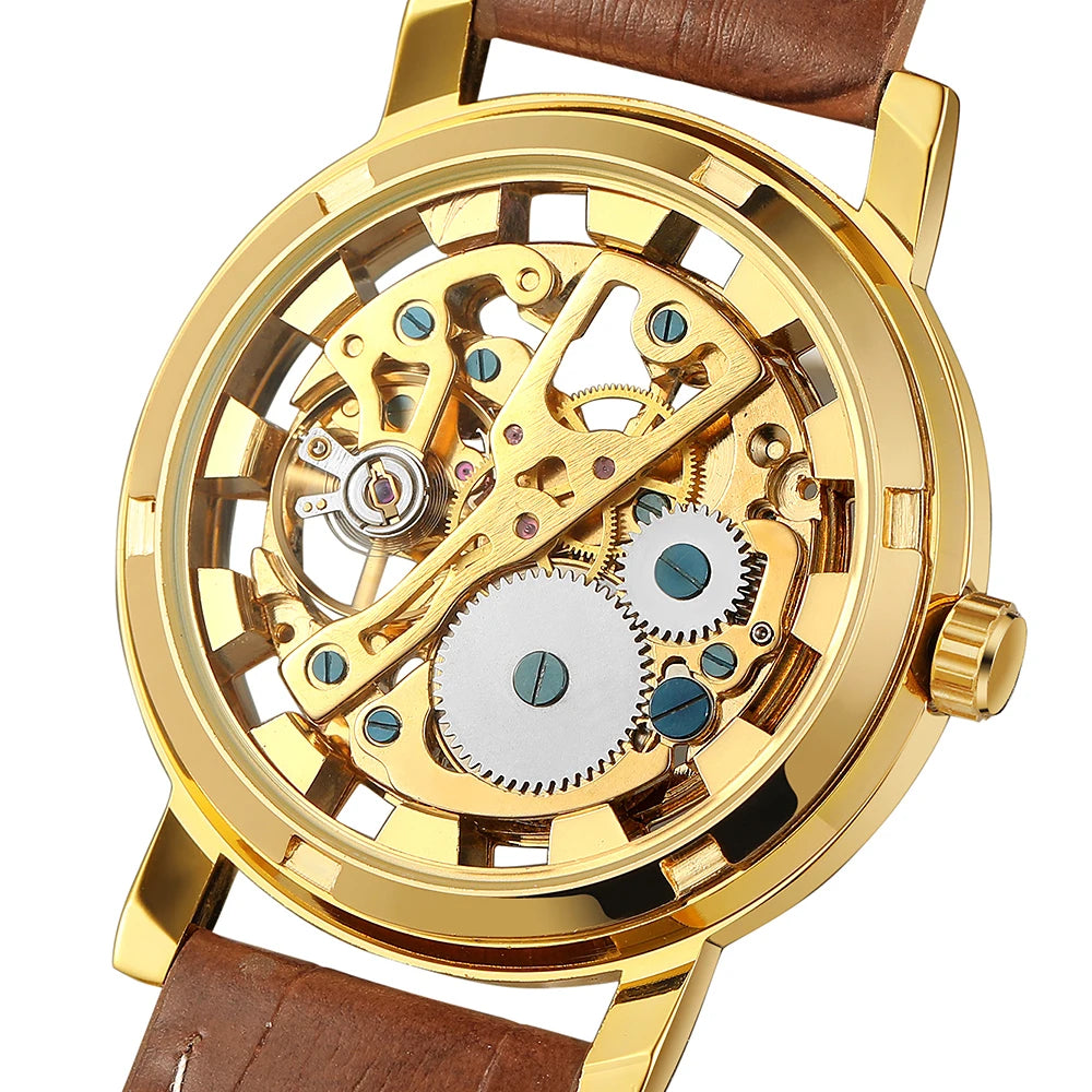 T-Winner Popular Lovers Skeleton Design Gold Watches Mechanical Hand Wind Movement PU Leather Strap Wristwatch for Men Women