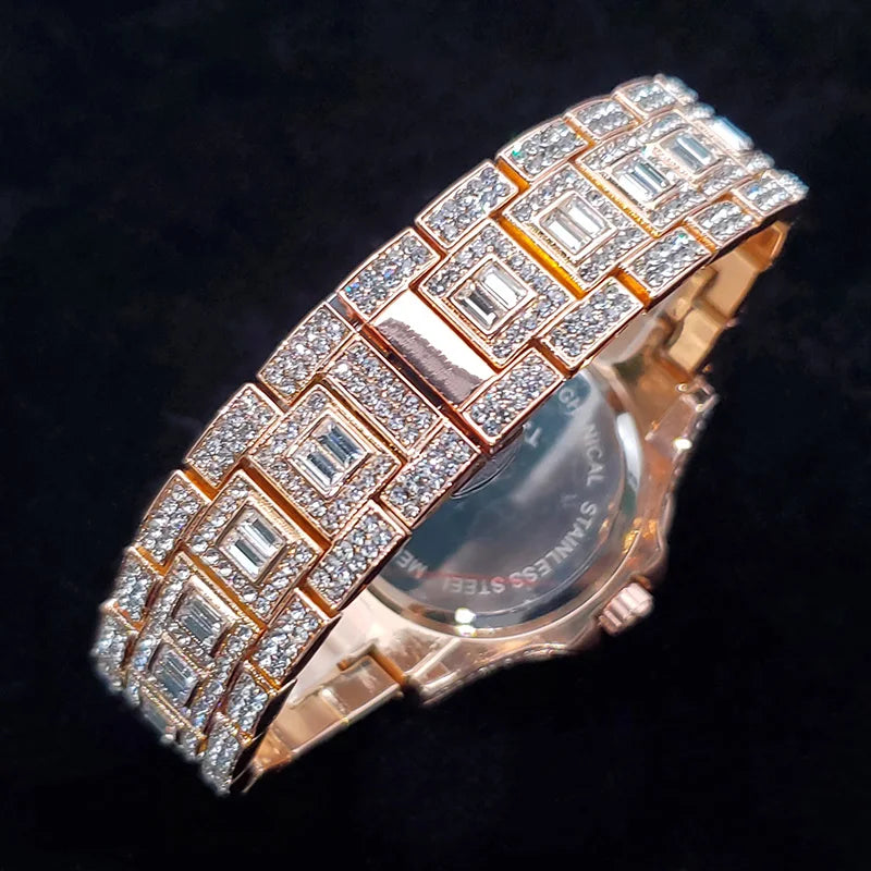 Luxury Diamond Watch for Men Fashion Bling Iced Out Day Date Watches Hip Hop Golden Stainless Steel Quartz Man Clock Hot Sale