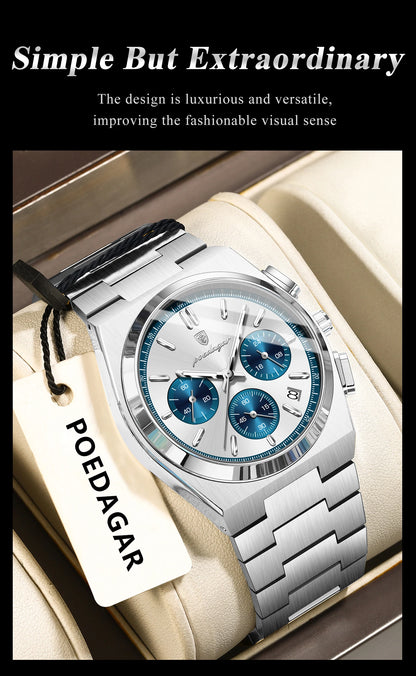 POEDAGAR Fashion Men's Wristwatch Chronograph Date Stainless Steel Quartz Man Clock Waterproof Luminous Business Watches For Men