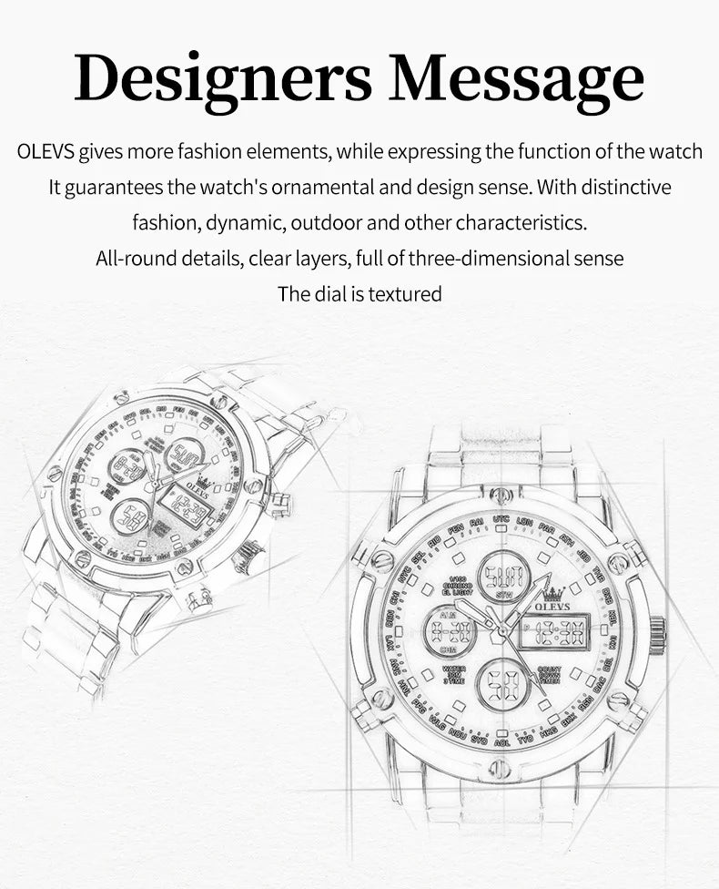 OLEVS Men's Watches Original Multifunctional Wlectronic Watch for Man Waterproof Luminous Alarm Clock Fashion Dress