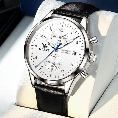 Relógio de homem OLEVS 2880 – Cronógrafo elegante e minimalista, bracelete em pele, indicação automática da data, resistente à água, ponteiros luminescentes, movimento de quartzo.