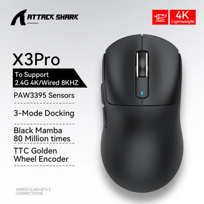 Mouse Gaming Wireless X3 ATTACK SHARK colore rosso, polling rate 4K, connessione Bluetooth tri-mode, PAW3395, mouse gaming Bluetooth con macro