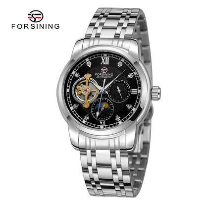 Relógio mecânico automático para homem Forsining – Estilo de luxo, empresarial e de moda, bracelete em metal, turbilhão, ponteiros luminescentes, adornado com diamantes artificiais