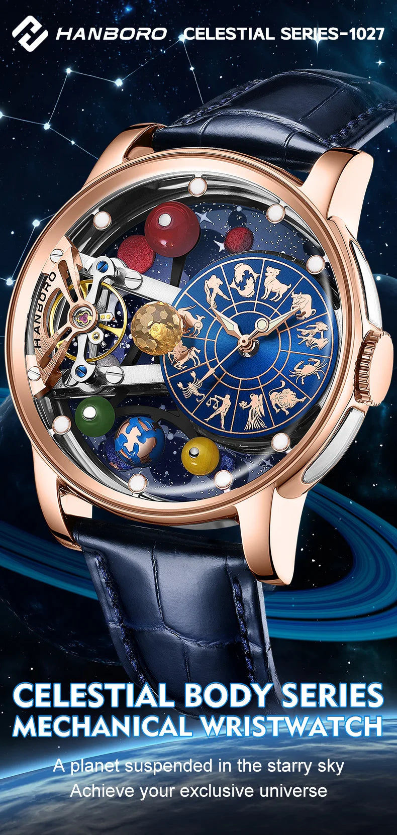 HANBORO Celestial Series 12 Constellation Men's Fully Automatic Mechanical Watch with Starry Sky Night Light Trend Watch