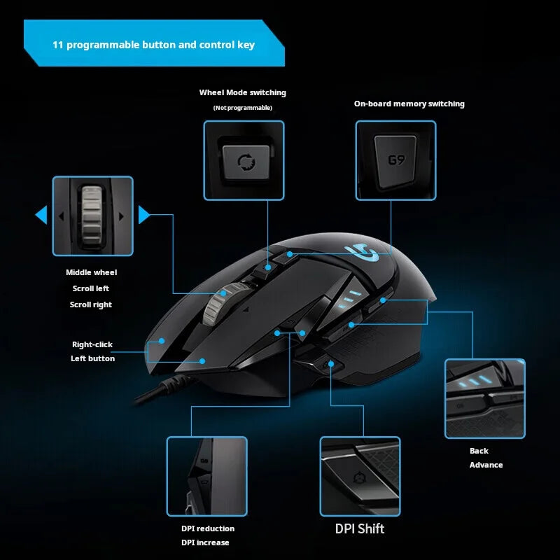 Геймърска мишка Logitech G502 HERO с кабел, e-sports, механична мишка с RGB подсветка, балансируемо тегло и програмируеми макроси за Battle Royale игри