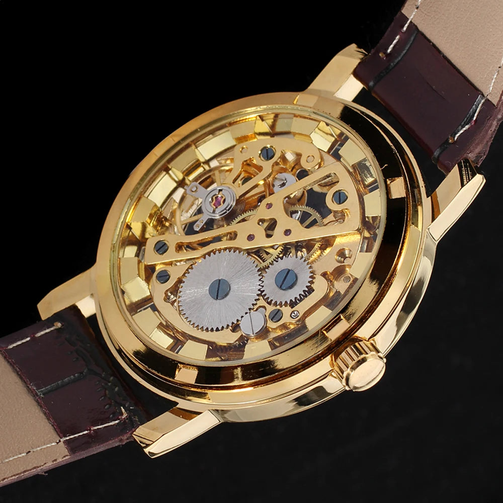T-Winner Popular Lovers Skeleton Design Gold Watches Mechanical Hand Wind Movement PU Leather Strap Wristwatch for Men Women