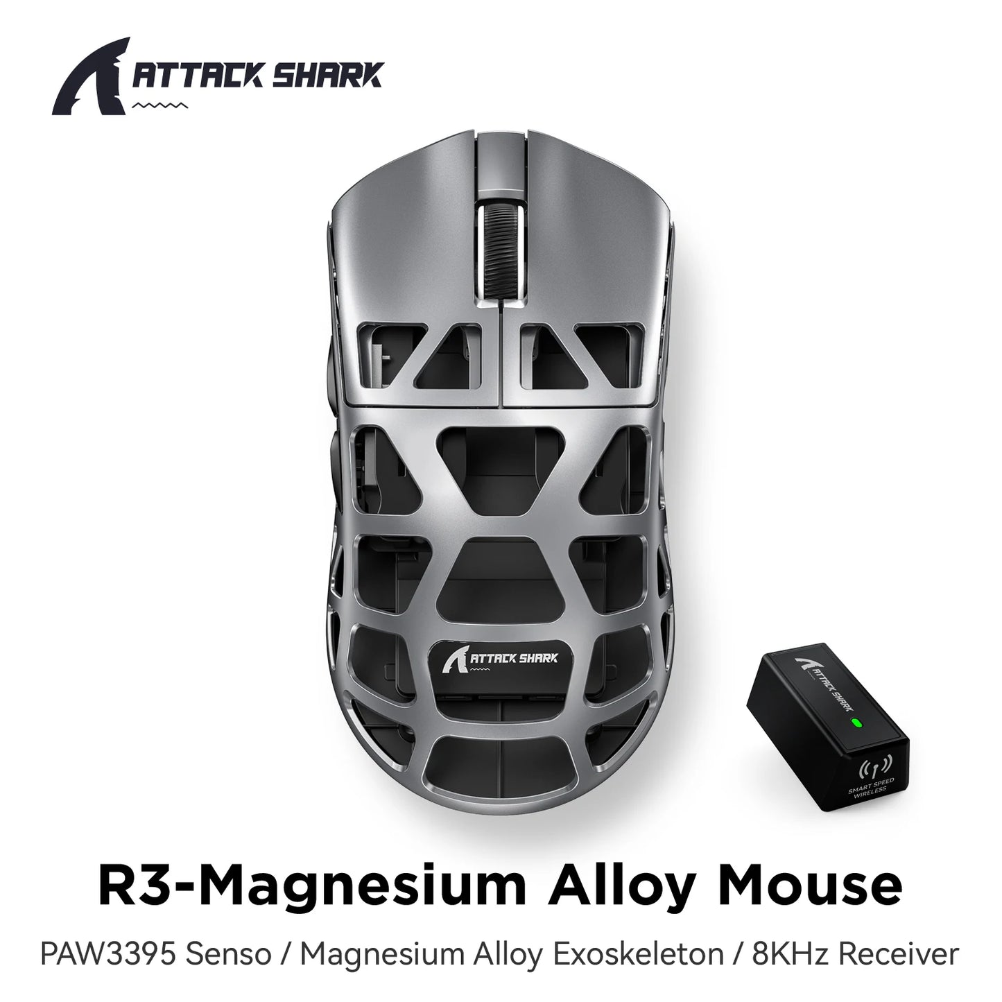ATTACK SHARK R3 gaming miš od magnezijske legure s honeycomb dizajnom, ultra lagan 8K Hz, PAW3395 senzor, 26000 DPI, ergonomska školjka