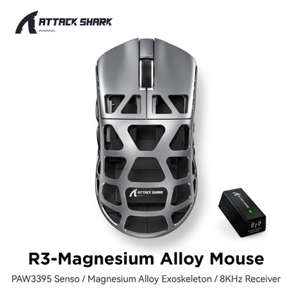 ATTACK SHARK R3 gaming miš od magnezijske legure s honeycomb dizajnom, ultra lagan 8K Hz, PAW3395 senzor, 26000 DPI, ergonomska školjka