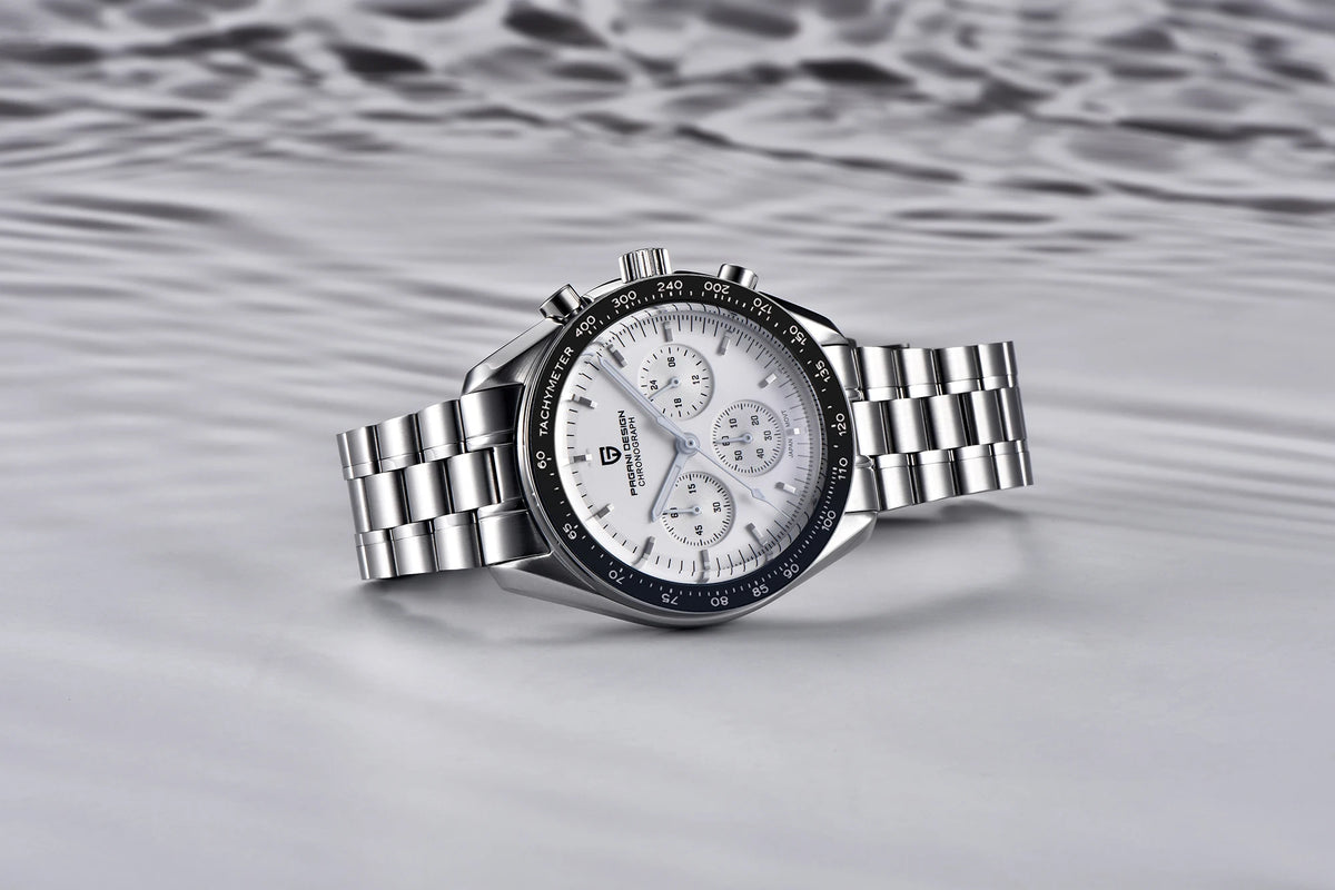 Relógio para homem PAGANI DESIGN «New Moon» – Relógio de quartzo de luxo, cronógrafo, vidro de safira com tratamento antirreflexo, luneta em cerâmica, ponteiros luminescentes